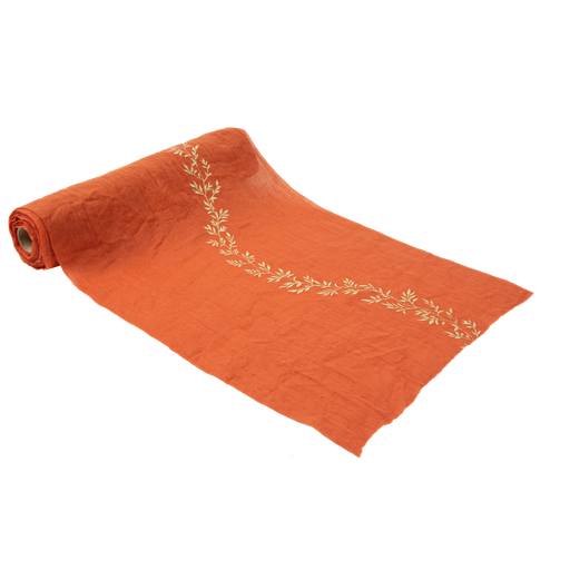 Chemin de table jolis brins mousseline terracotta et liseré végétal or 28cmx5m