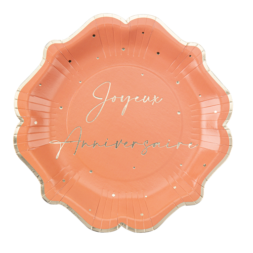 8 assiettes "joyeux anniversaire" jolis pois carton terracotta et or 23cm