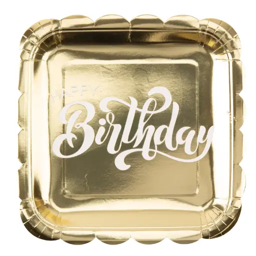 8 assiettes "happy birthday" carton or et blanc 23cm
