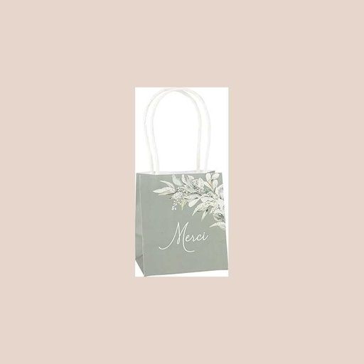6 sacs "merci" greenery papier vert de gris et blanc 10x11x7cm