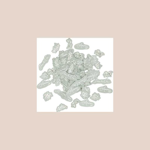 100 confettis greenery papier vert de gris et blanc de 1,5 à 4,5cm