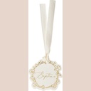 10 étiquettes baptême papier crème et or ø5cm et ruban satin crème