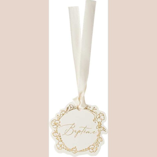 10 étiquettes baptême papier crème et or ø5cm et ruban satin crème