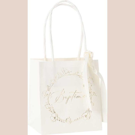 6 sacs baptême papier crème et or 10x11x7cm et ruban satin crème