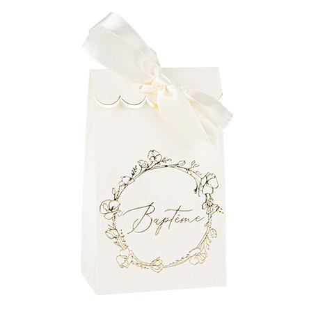 10 sachets baptême papier crème et or 7,5x12,5x4,4cm et ruban satin crème