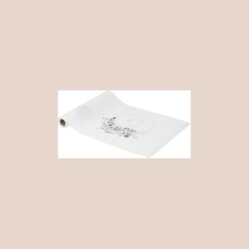 Chemin de table "pour la vie" jardin botanique tissu blanc et vert sauge 28cmx3m