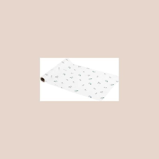 Chemin de table jardin botanique tissu blanc et vert sauge 28cmx3m