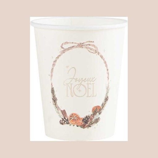 8 gobelets "joyeux noël" nature christmas carton crème, orange et or 255ml