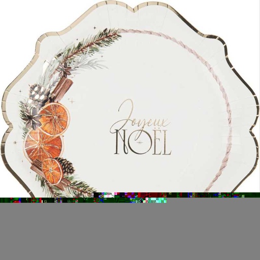8 assiettes "joyeux noël" nature christmas carton crème, orange et or ø22,5cm