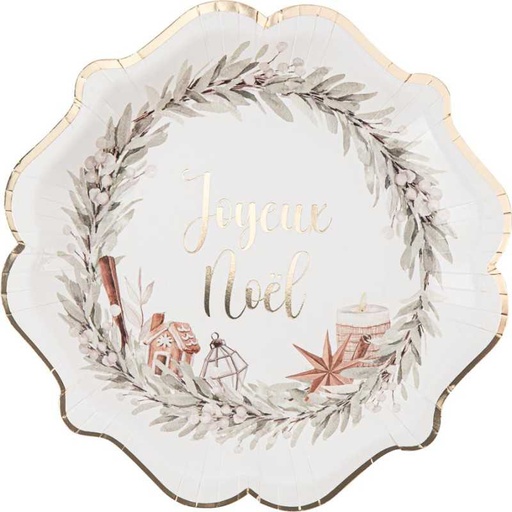 8 assiettes "joyeux noël" cocoon christmas carton crème, beige et or ø22,5cm