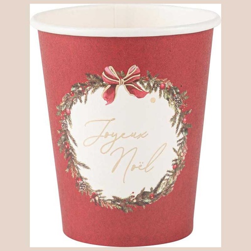 8 gobelets "joyeux noël" christmas time carton rouge, vert et or 255ml