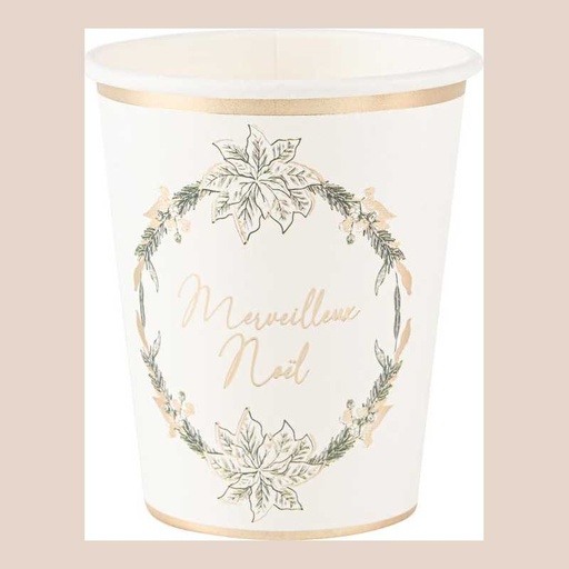 8 gobelets "merveilleux noël" vintage christmas carton blanc, vert anglais et or 255ml