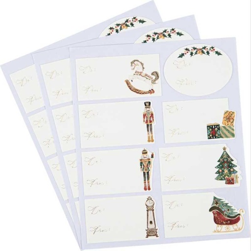 24 stickers cadeaux "de… pour…" christmas story papier crème, rouge et or de 6 à 7,5 cm