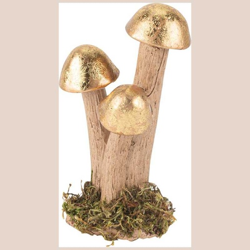 3 champignons sur socle mousse végétale vert, beige et or 11x6,5cm