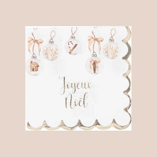 20 serviettes cocktail "joyeux noël" cocoon christmas papier crème, beige et or 24x24cm - 3 plis