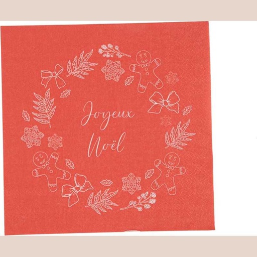 20 serviettes "joyeux noël" couronne gourmande papier rouge et blanc 32,5x32,5cm - 2 plis