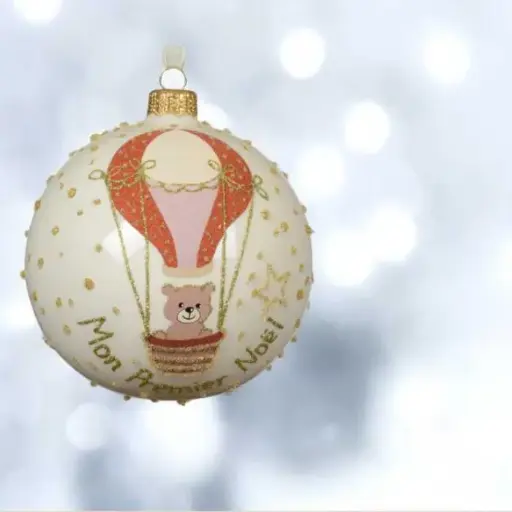 Boule verre email ours dans montgolfiere rouge