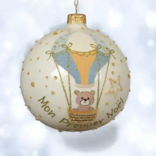 Boule verre email ours dans montgolfiere bleu