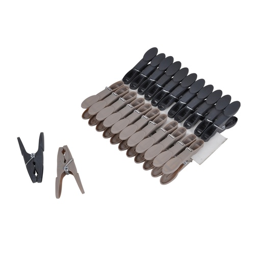 Set de 24 pinces a linge rondes plastique 8cm bicolore anthracite/taupe