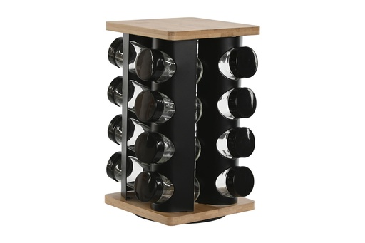 Support noir avec 16 pot a épices en métal bambou 20x20x28 cm