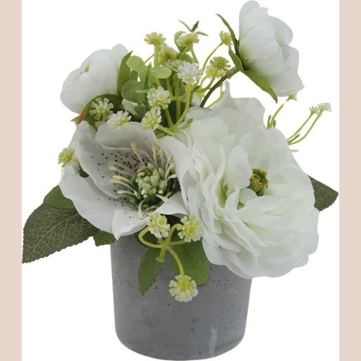 Fleur pot gris fleurs blanches pivoine renoncule euca