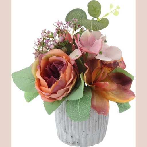 Fleur pot gris pivoine orchidee euca coloris violine jaune