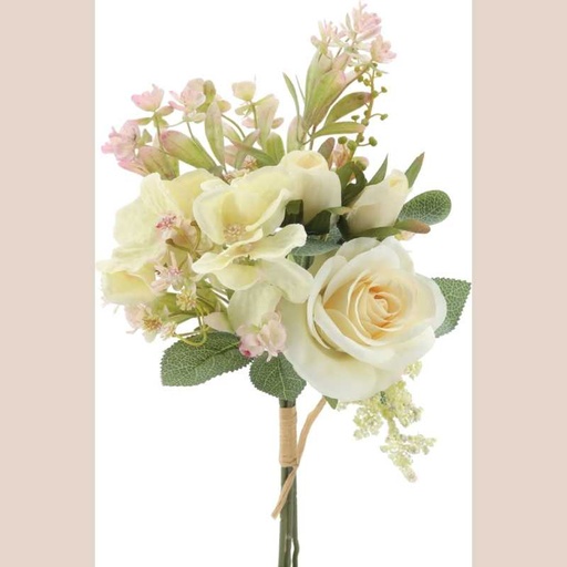 Bouquet hortensia rose et feuillages coloris vert beige