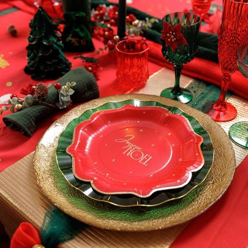 8 Assiettes "Joyeux Noël" L'Intemporel Carton Rouge et Or Ø23cm