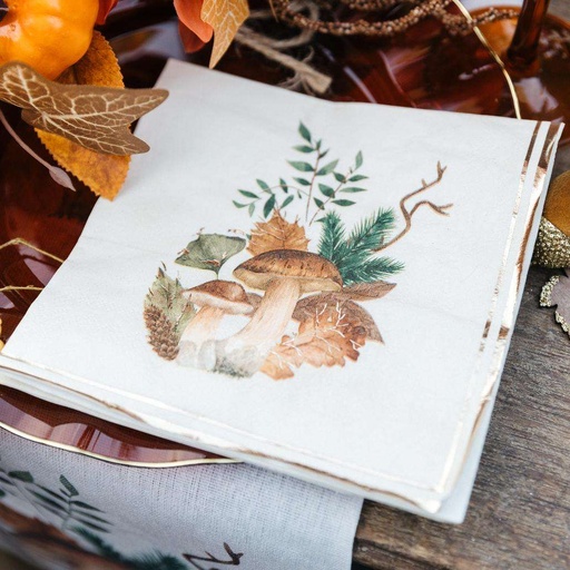 16 Serviettes Champignons Promenade d'Automne Papier Crème, Brun et Or 33x33cm - 3 Plis
