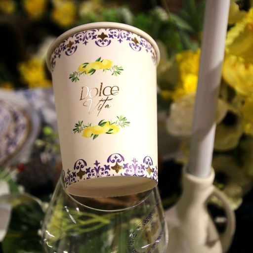 8 Gobelets "Dolce Vita" Carton Bleu Roi, Blanc et Or 255ml