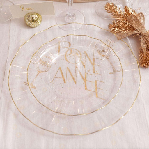 6 Petites Assiettes Réutilisables Plastique Transparent et Or Ø19cm