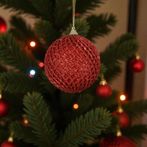 Boule rouge paillettes carreaux et paillettes tout autour 