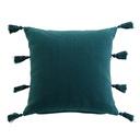 Coussin dehous. compr. pompons 45 x 45 cm coton uni tasselina petrole