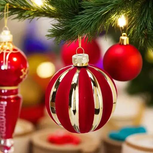 Boule de noël rayée 8cm rouge