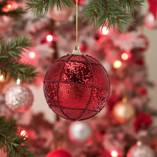 Boule de noël 80mm rouge paill