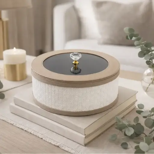 Boite ronde cannage avec couvercle acrylique 26*26*12 cm