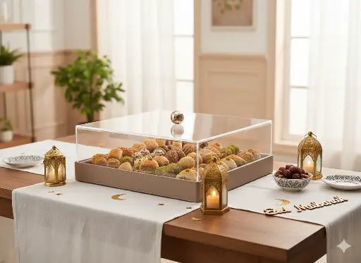 Présentoire carré simili avec cloche 31*31*14 cm