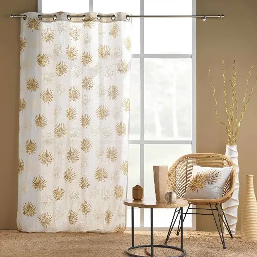 Rideau a oeillets 140 x 240 cm polycoton imprime metallise lotus ocre