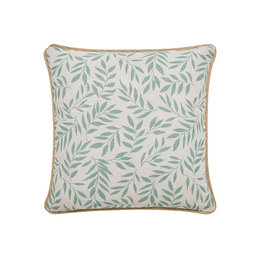 Coussin dehous compr passepoil 45 x 45 cm polycoton imprime+jute naya sauge