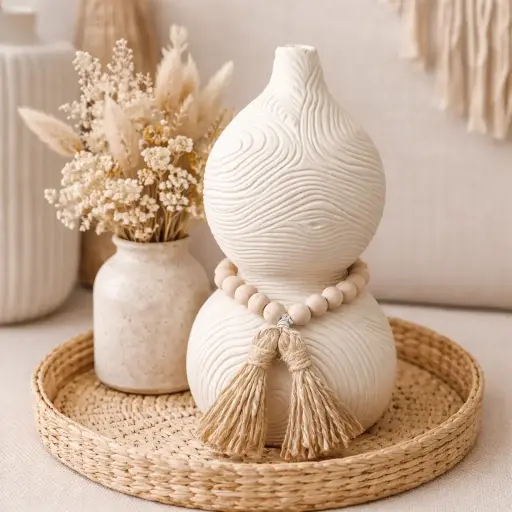 Vase diabolo perles et pompoms 28 cm