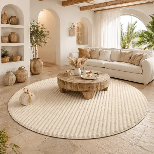 Tapis 160cm rond - "TORRENTE" effet fourrure beige
