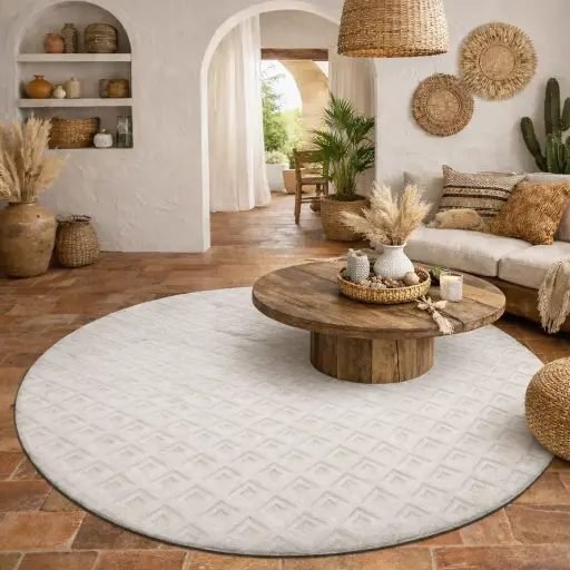 Tapis 160cm rond - "VALENCIA" Effet fourrure Blanc