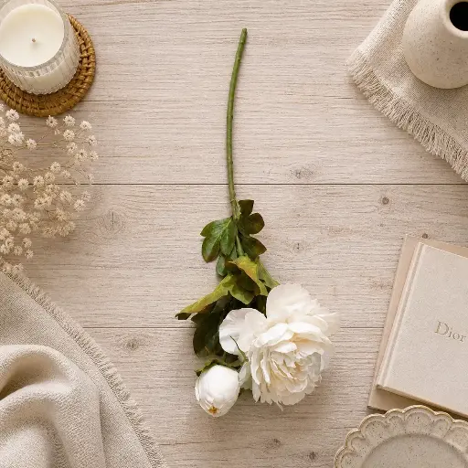 Tige pivoine blanche et crème 64 cm