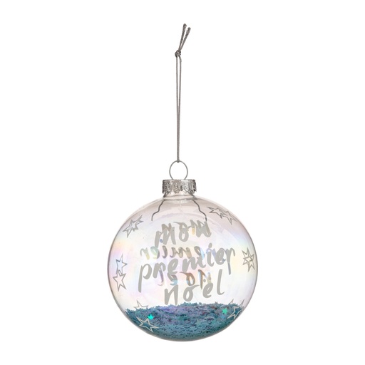 Boule de noel verre 80mm mpere noel  paillette bleu